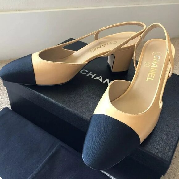 Chanel Beige/Black Goatskin Cap Toe Slingback Pumps - Picture 7 of 7